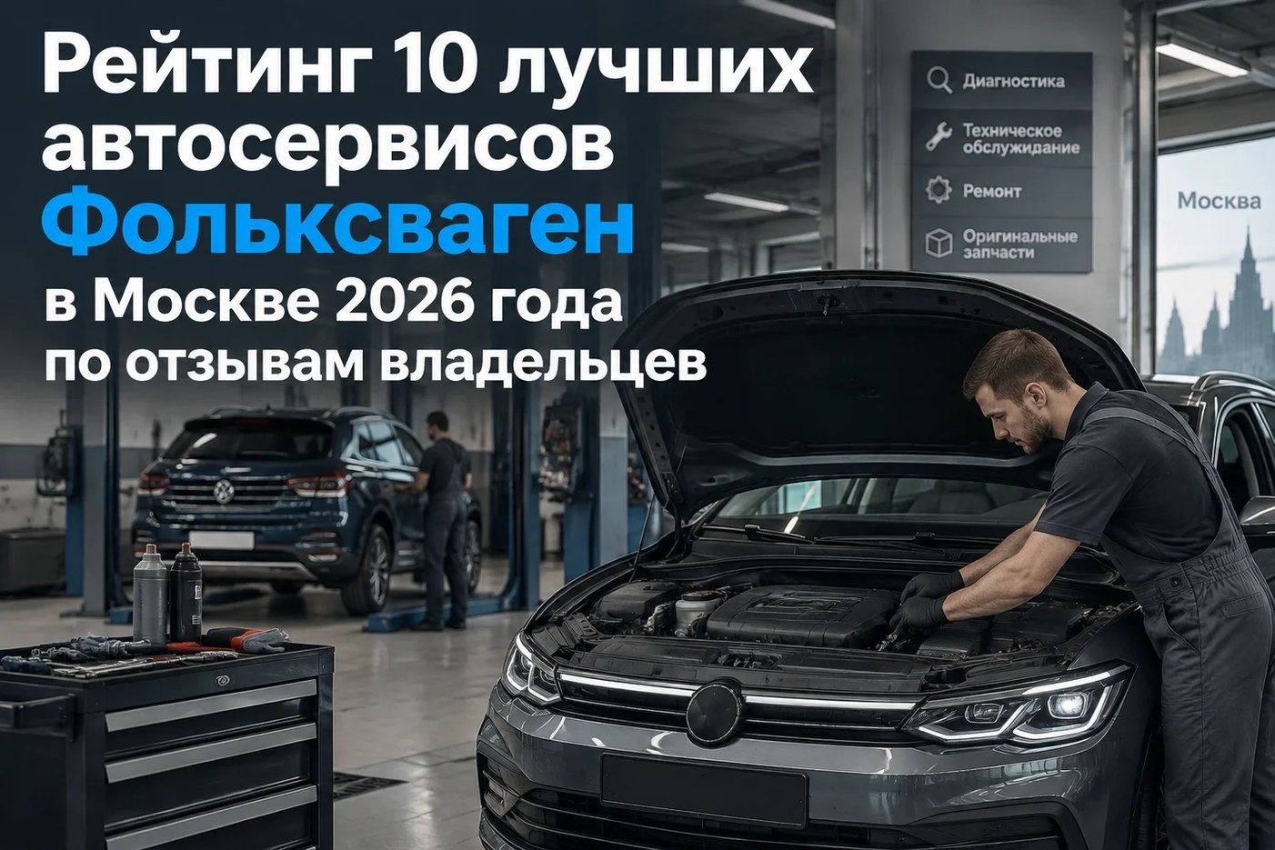 Автомеханик в рабочей форме выполняет ремонт двигателя автомобиля Volkswagen в профессиональном сервисном центре в Москве